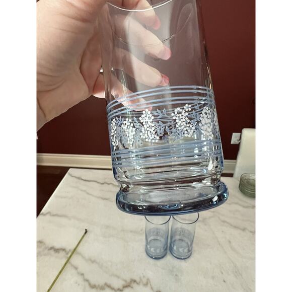 Libbey Blue Tumbler Glasses White Flowers Stripes 16 OZ Set of 3 vtg - Picture 6 of 8